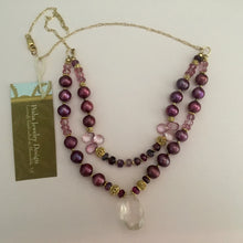 Load image into Gallery viewer, Two Strand Rose Quartz and Burgundy Pearl Necklace in 14K Gold Fill
