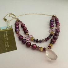 Load image into Gallery viewer, Two Strand Rose Quartz and Burgundy Pearl Necklace in 14K Gold Fill
