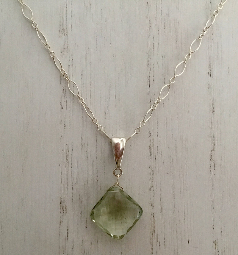 Large Cushion Cut Green Amethyst Necklace in Sterling Silver