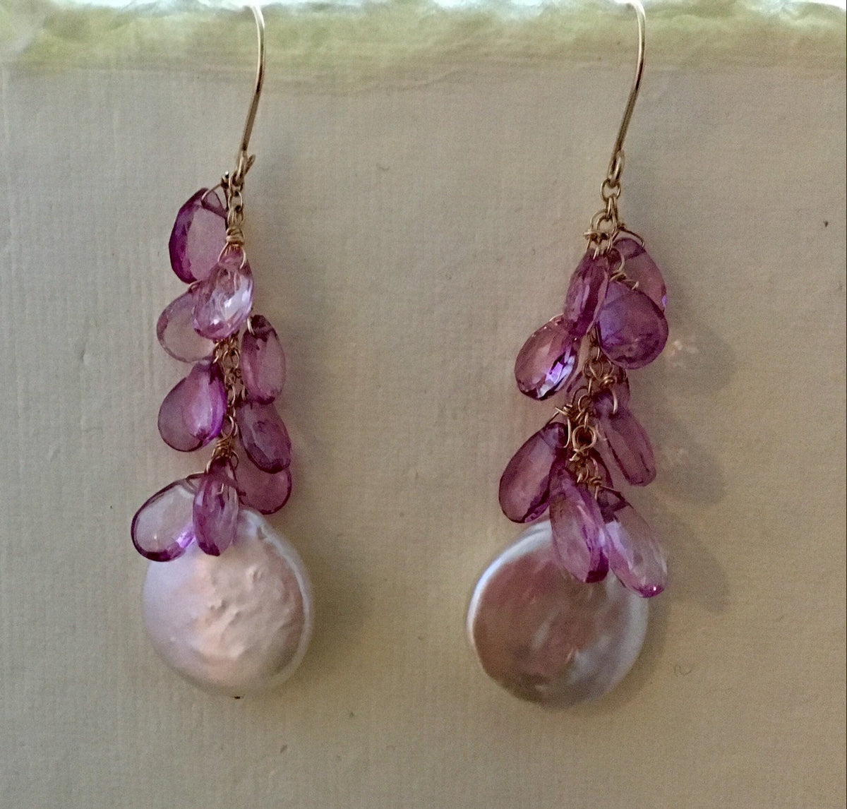 Large White Coin Pearl and Pink Topaz Earrings in 14K Gold Fill