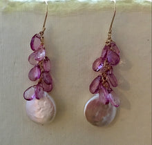 Load image into Gallery viewer, Large White Coin Pearl and Pink Topaz Earrings in 14K Gold Fill
