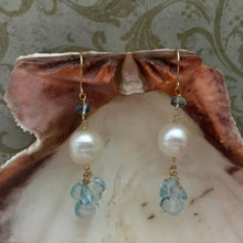 Load image into Gallery viewer, Swiss Blue Topaz and Pearl Earrings in 14K Gold Fill
