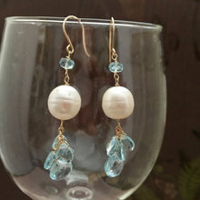 Load image into Gallery viewer, Swiss Blue Topaz and Pearl Earrings in 14K Gold Fill
