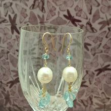 Load image into Gallery viewer, Swiss Blue Topaz and Pearl Earrings in 14K Gold Fill
