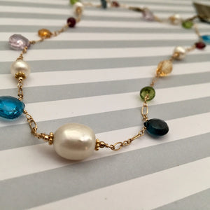 Multi Gemstone and Freshwater Pearl Necklace in 14K Gold Fill