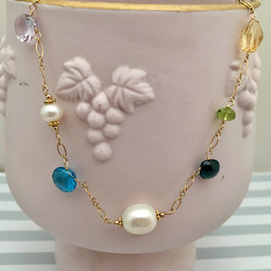 Multi Gemstone and Freshwater Pearl Necklace in 14K Gold Fill