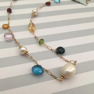 Multi Gemstone and Freshwater Pearl Necklace in 14K Gold Fill