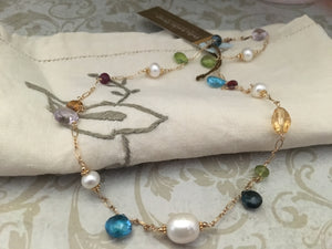 Multi Gemstone and Freshwater Pearl Necklace in 14K Gold Fill