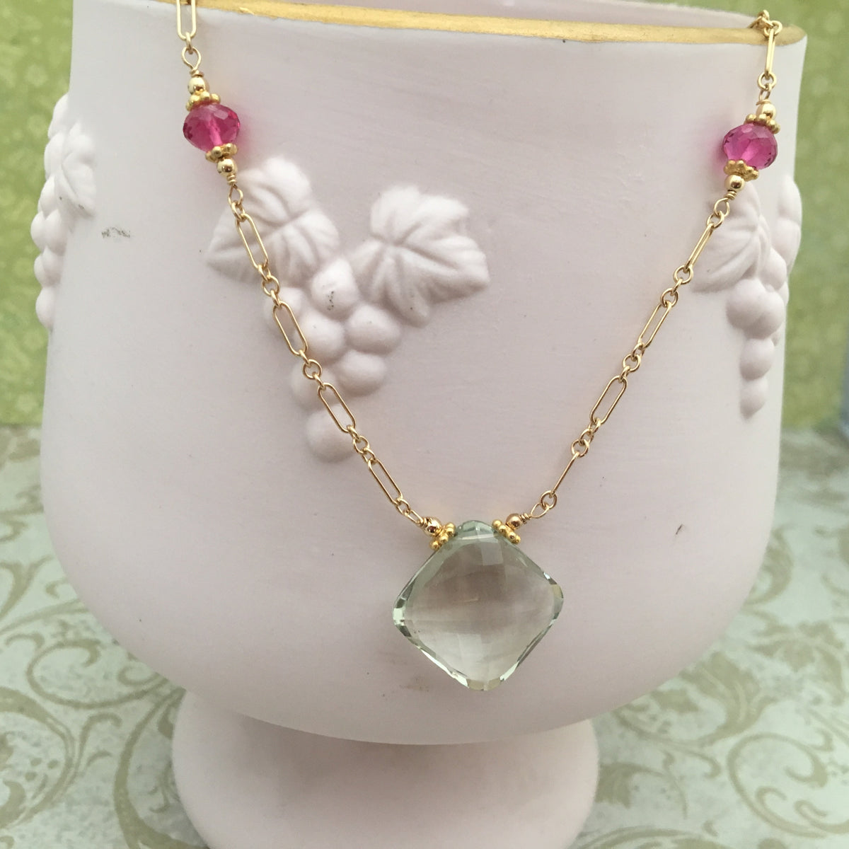 Green Amethyst and Fuchsia Necklace in 14K Gold Fill