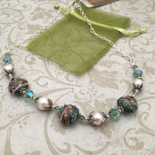 Load image into Gallery viewer, Green Lamp Work Glass and Freshwater Pearl Necklace in Sterling Silver
