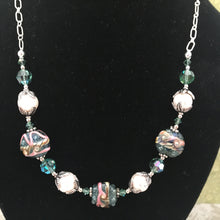 Load image into Gallery viewer, Green Lamp Work Glass and Freshwater Pearl Necklace in Sterling Silver
