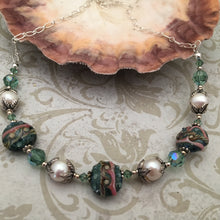 Load image into Gallery viewer, Green Lamp Work Glass and Freshwater Pearl Necklace in Sterling Silver
