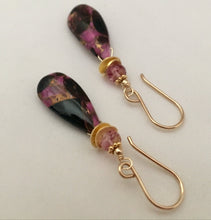 Load image into Gallery viewer, Pink Copper Obsidian Composite Earrings in 14K Gold Fill
