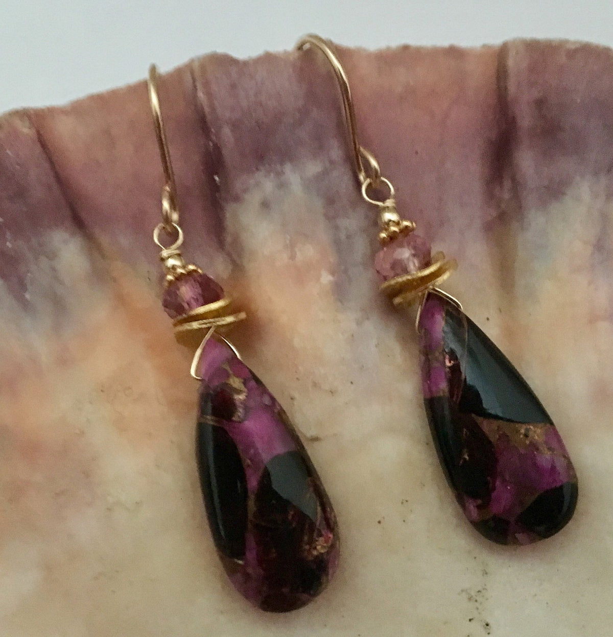 Pink Copper Obsidian Composite Earrings in 14K Gold Fill