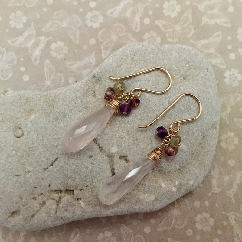 Long Rose Quartz Dangle Earrings in 14K Gold Fill