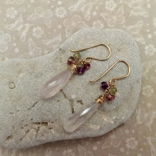 Load image into Gallery viewer, Long Rose Quartz Dangle Earrings in 14K Gold Fill
