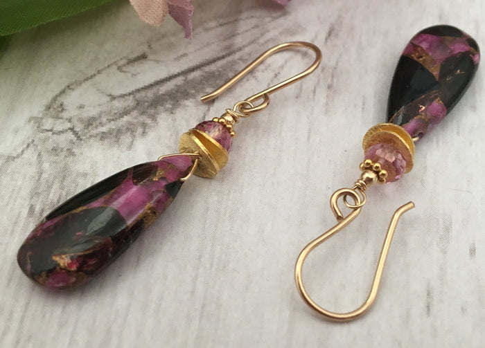 Pink Copper Obsidian Composite Earrings in 14K Gold Fill