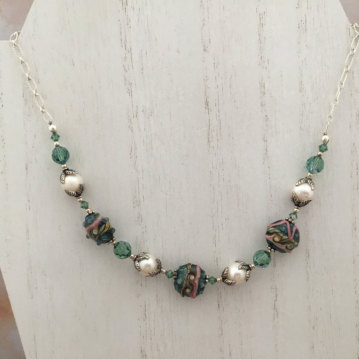 Green Lamp Work Glass and Freshwater Pearl Necklace in Sterling Silver