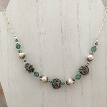 Load image into Gallery viewer, Green Lamp Work Glass and Freshwater Pearl Necklace in Sterling Silver
