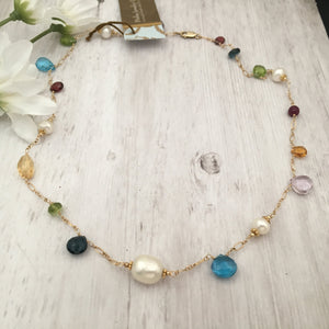 Multi Gemstone and Freshwater Pearl Necklace in 14K Gold Fill