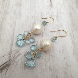 Swiss Blue Topaz and Pearl Earrings in 14K Gold Fill