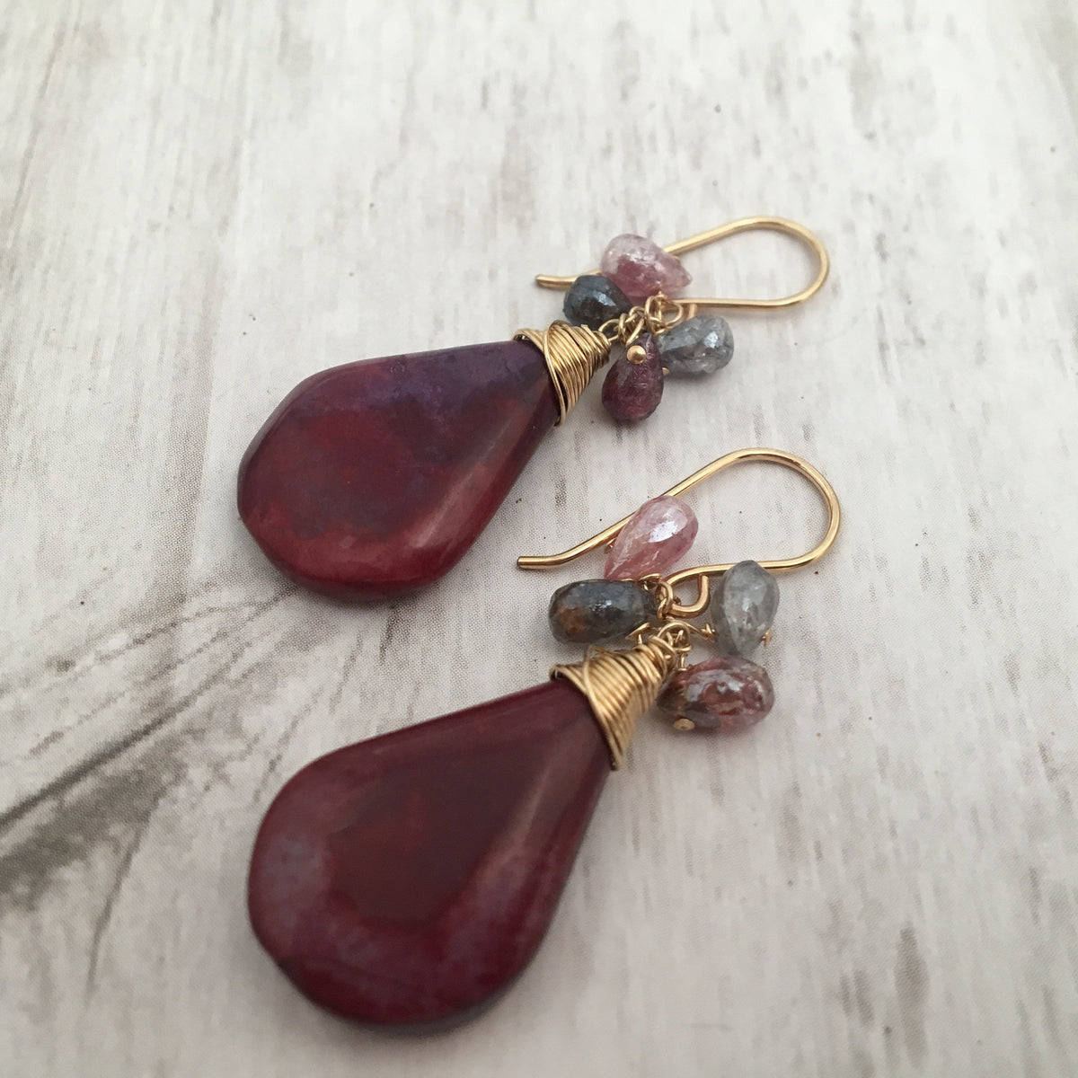 Large Red Jasper and Spinel Earrings in 14K Gold Fill