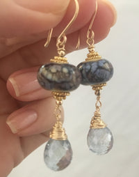 Blue Lampwork and Gemstone Earrings in 14K Gold Fill