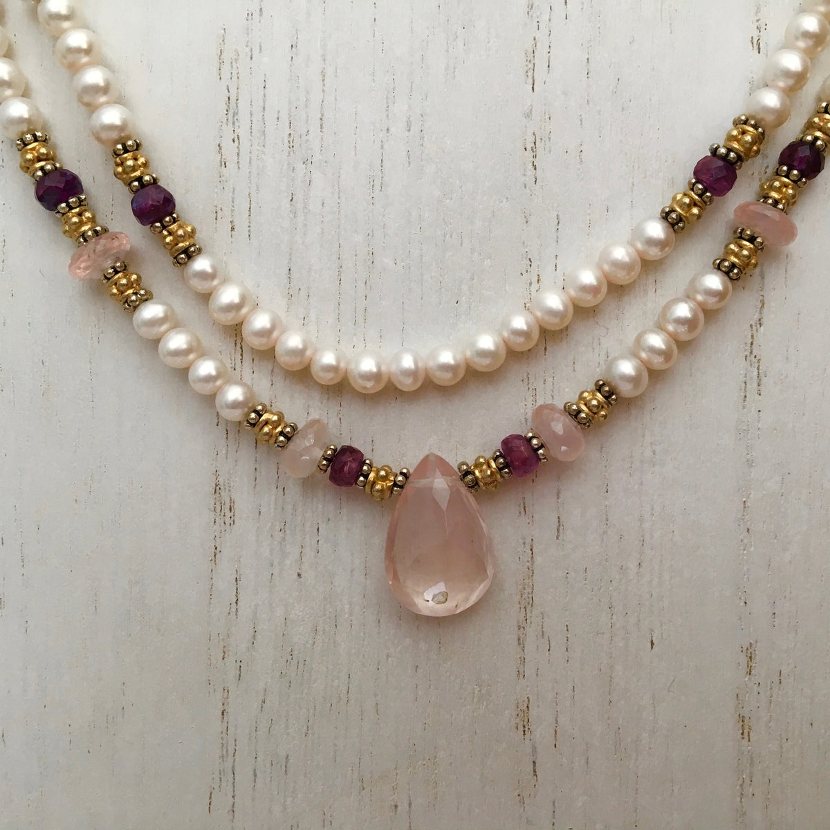 Rose Quartz and Freshwater Pearl Necklace in 14K Gold Fill