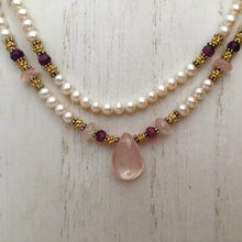 Load image into Gallery viewer, Rose Quartz and Freshwater Pearl Necklace in 14K Gold Fill
