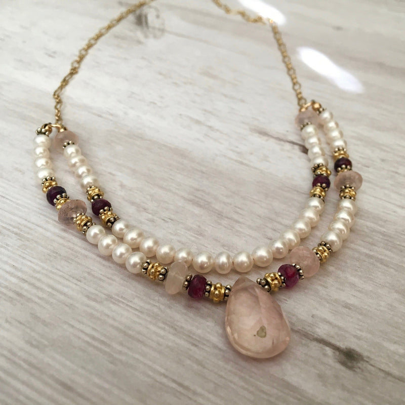 Rose Quartz and Freshwater Pearl Necklace in 14K Gold Fill