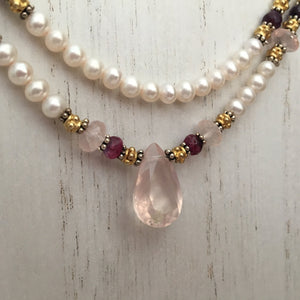 Rose Quartz and Freshwater Pearl Necklace in 14K Gold Fill