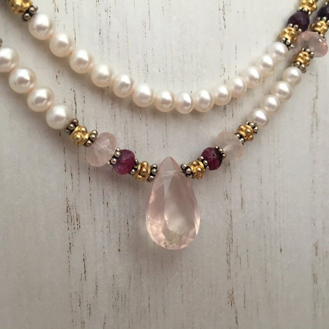 Rose Quartz and Freshwater Pearl Necklace in 14K Gold Fill