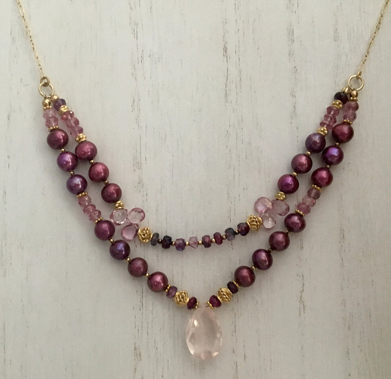 Two Strand Rose Quartz and Burgundy Pearl Necklace in 14K Gold Fill