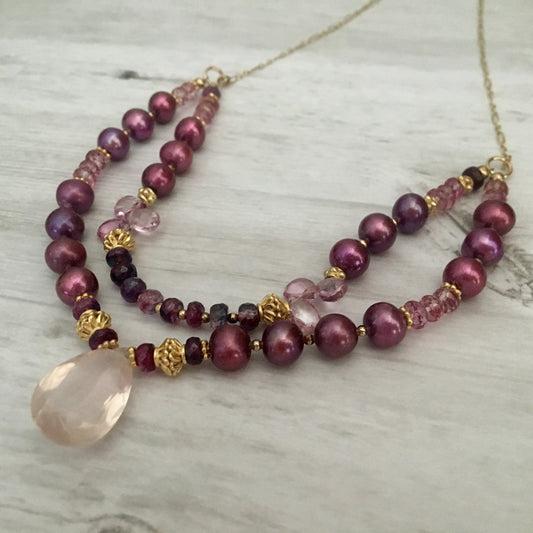 Two Strand Rose Quartz and Burgundy Pearl Necklace in 14K Gold Fill