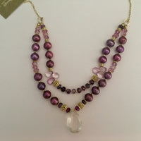 Two Strand Rose Quartz and Burgundy Pearl Necklace in 14K Gold Fill