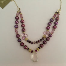 Load image into Gallery viewer, Two Strand Rose Quartz and Burgundy Pearl Necklace in 14K Gold Fill
