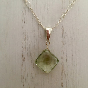 Large Cushion Cut Green Amethyst Necklace in Sterling Silver