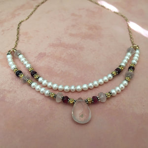 Rose Quartz and Freshwater Pearl Necklace in 14K Gold Fill