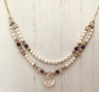 Rose Quartz and Freshwater Pearl Necklace in 14K Gold Fill