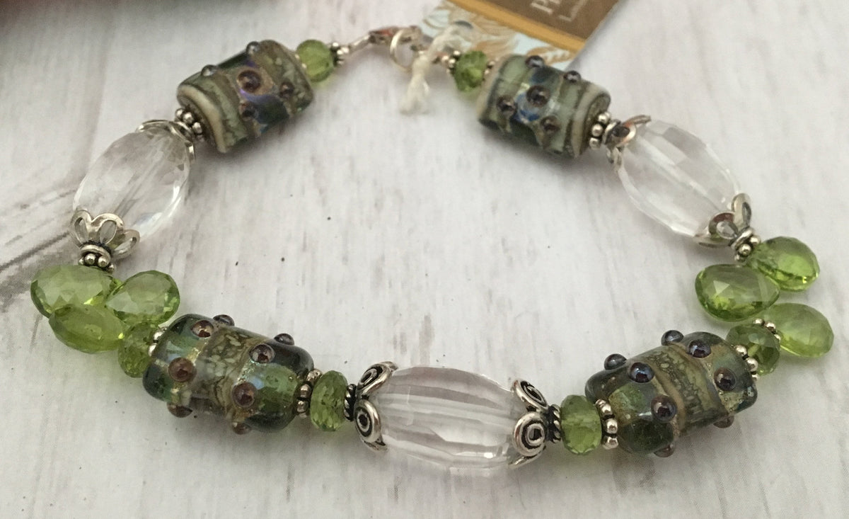 Lampwork Glass Bead Bracelet with Peridot and Crystal Quartz in Sterling Silver