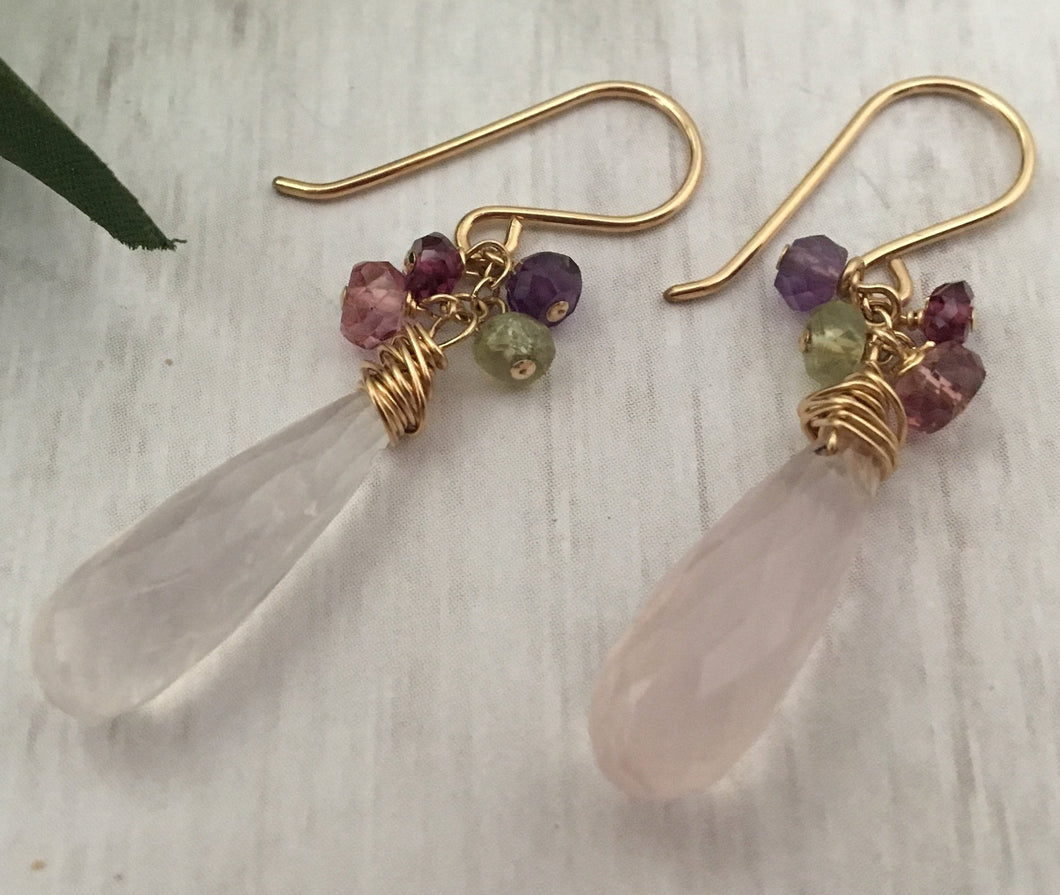 Long Rose Quartz Dangle Earrings in 14K Gold Fill