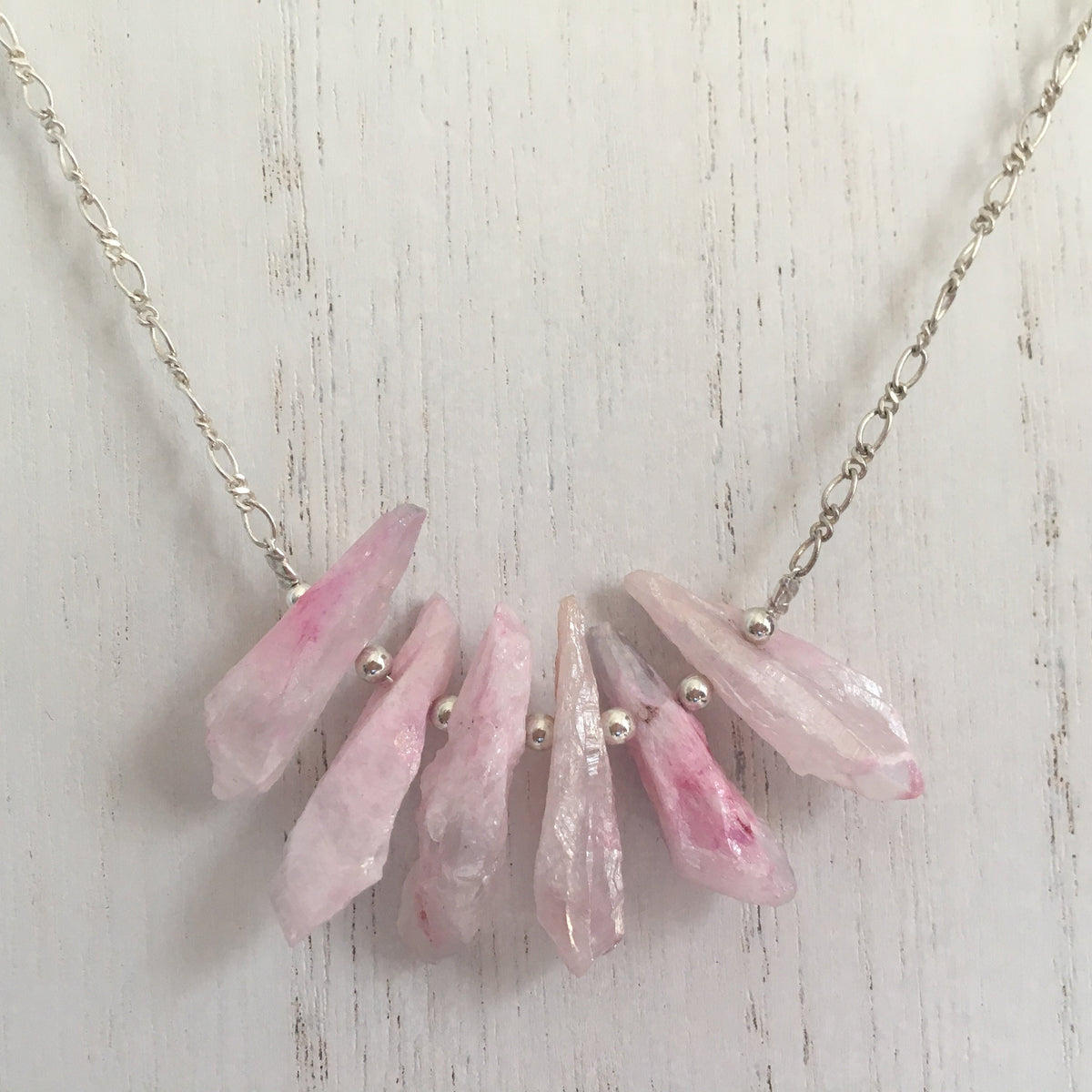 Raw Pink Quartz Point Stone Necklace in Sterling Silver