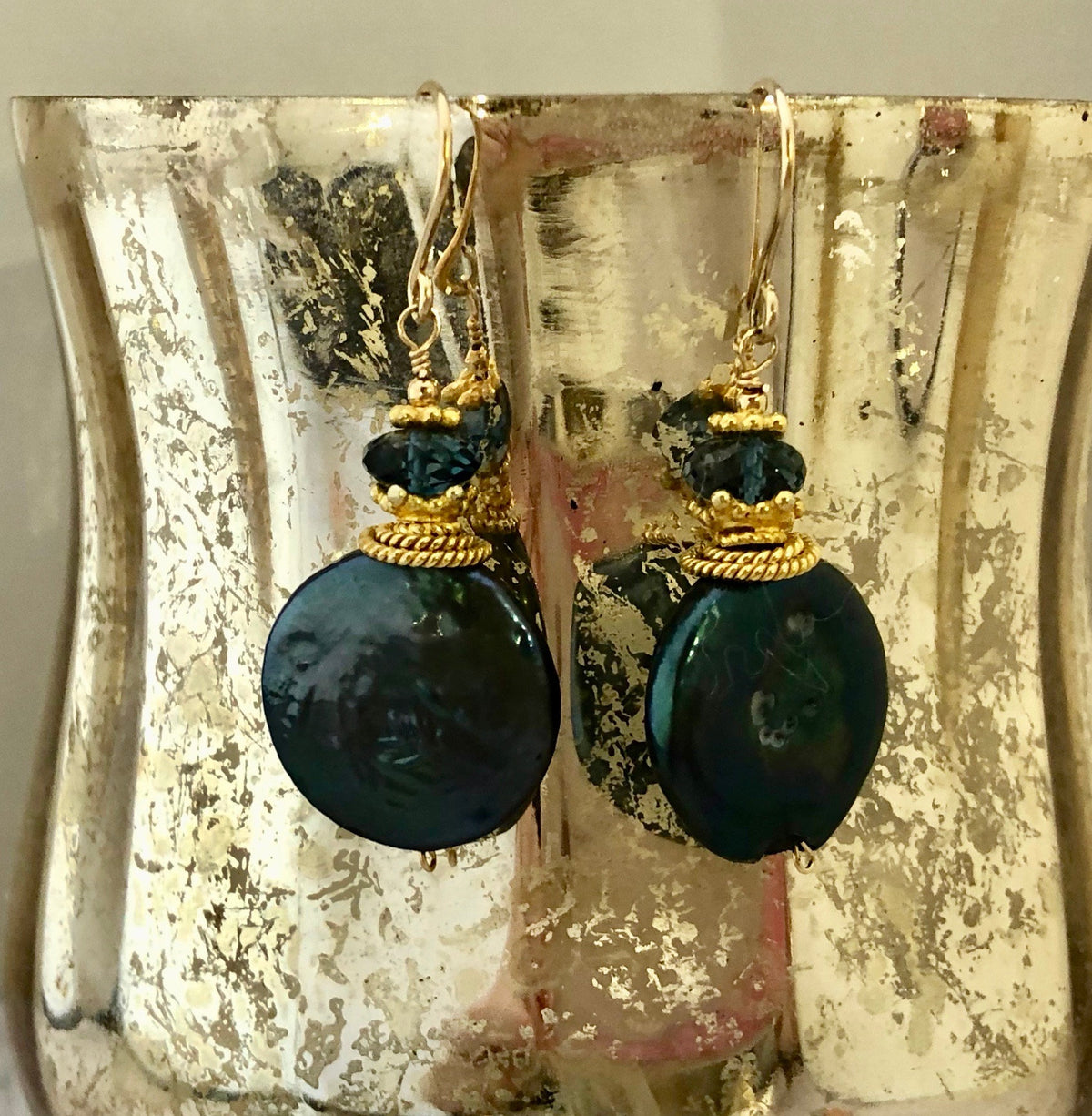 Large Green Coin Pearl and London Blue Topaz Earrings in 14K Gold Fill