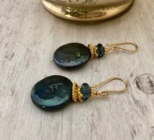 Load image into Gallery viewer, Large Green Coin Pearl and London Blue Topaz Earrings in 14K Gold Fill
