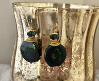 Large Green Coin Pearl and London Blue Topaz Earrings in 14K Gold Fill