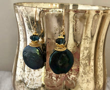 Load image into Gallery viewer, Large Green Coin Pearl and London Blue Topaz Earrings in 14K Gold Fill
