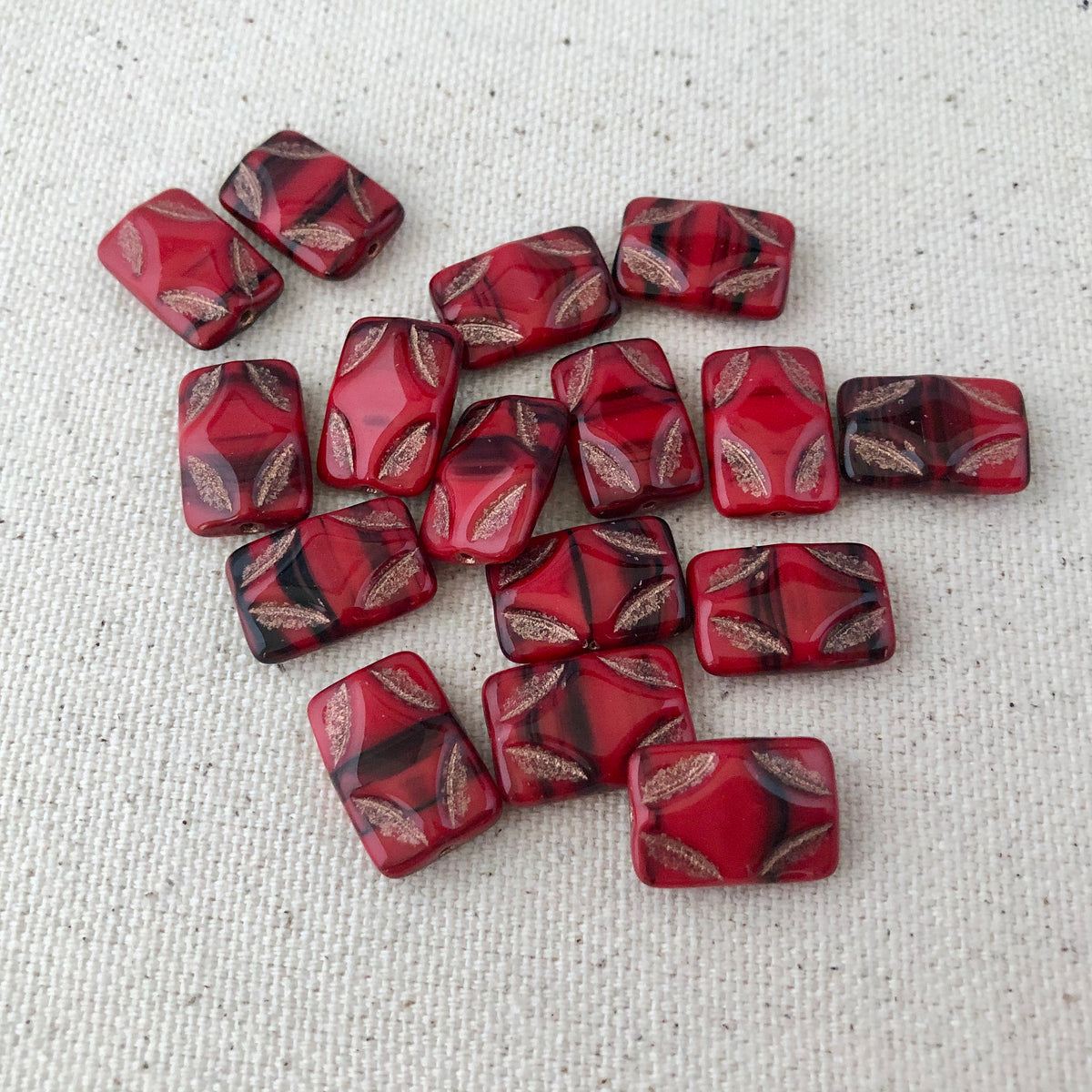 Red and Black Picasso Rectangle Glass Beads, 15MM