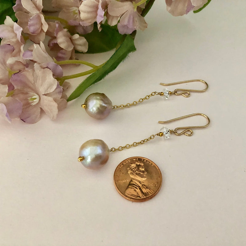 Long Dangle Bronze Pearl Earrings in 14K Gold Fill