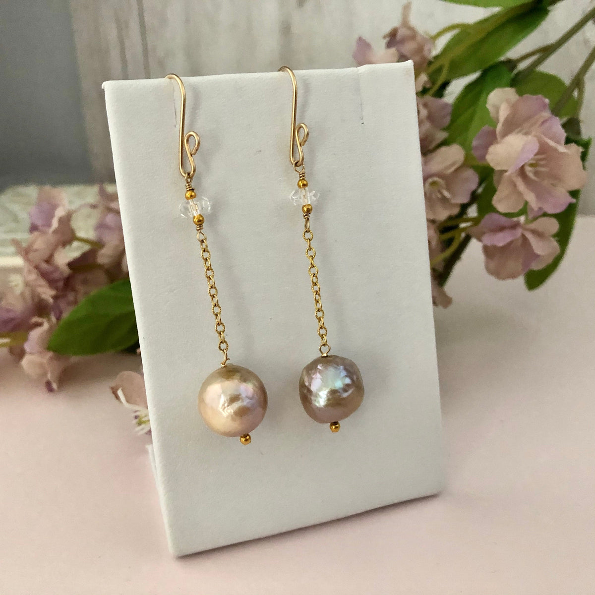 Long Dangle Bronze Pearl Earrings in 14K Gold Fill