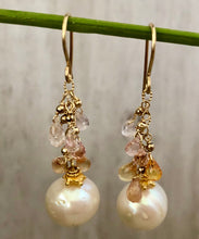 Load image into Gallery viewer, Freshwater Pearl and Sapphire Drop Earrings in 14K Gold Fill
